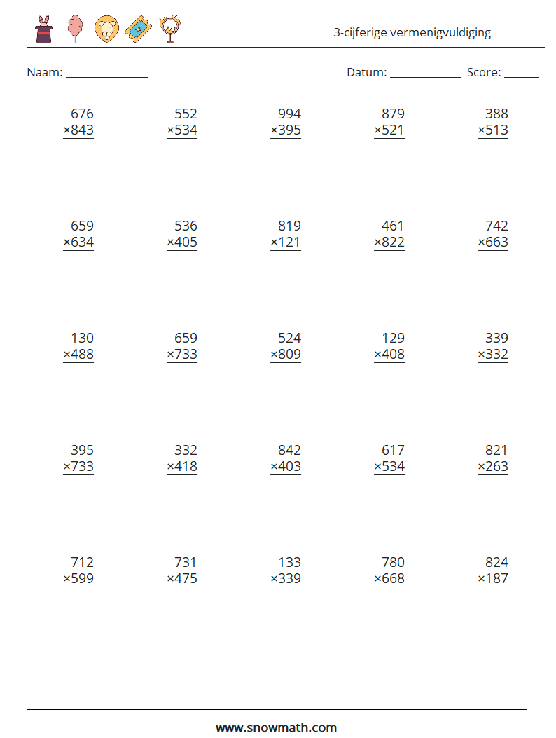 (25) 3-cijferige vermenigvuldiging Wiskundige werkbladen 4
