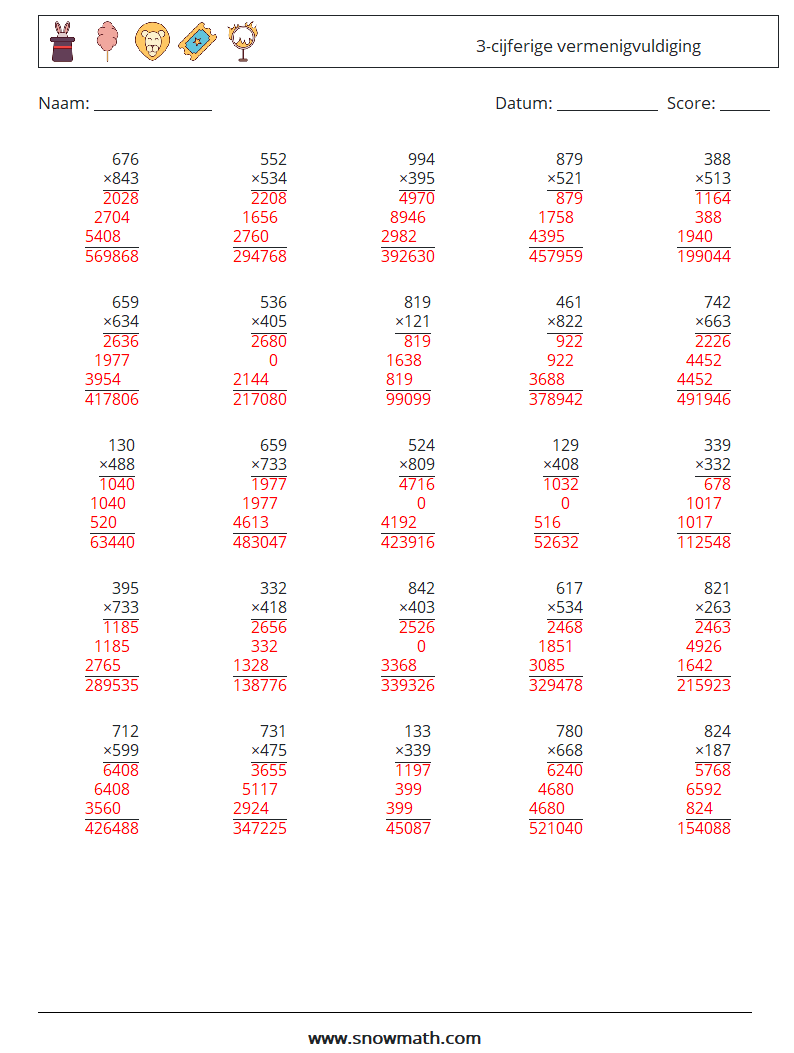 (25) 3-cijferige vermenigvuldiging Wiskundige werkbladen 4 Vraag, Antwoord