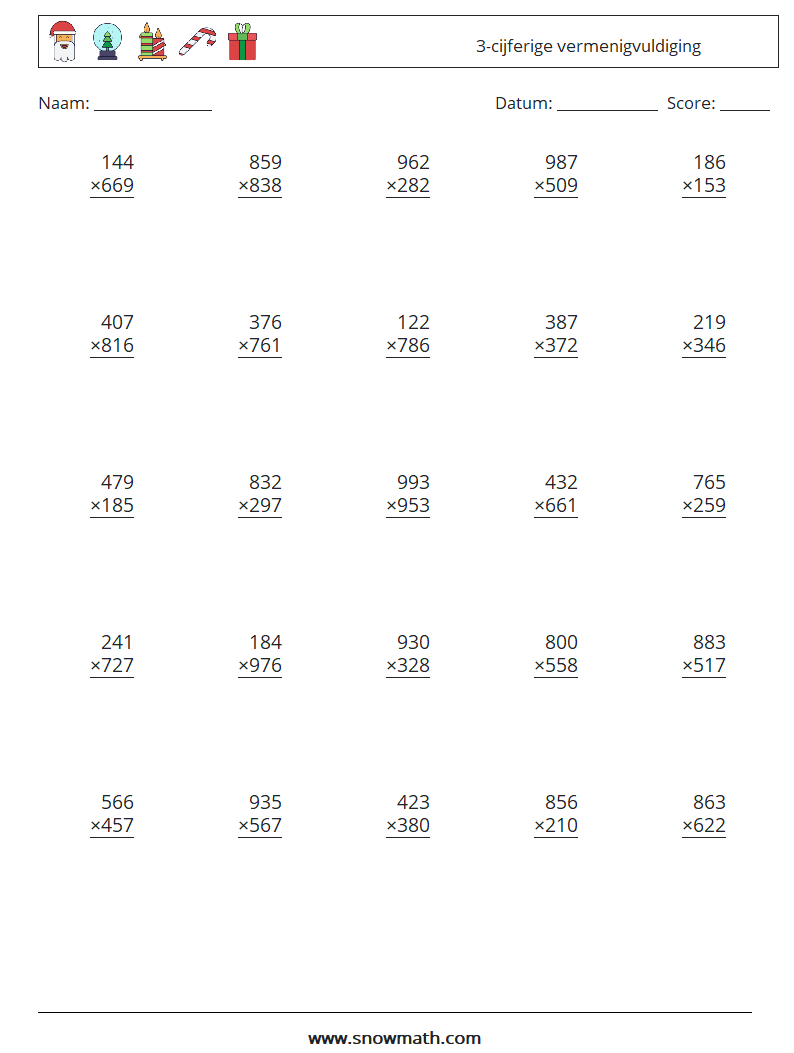 (25) 3-cijferige vermenigvuldiging Wiskundige werkbladen 5