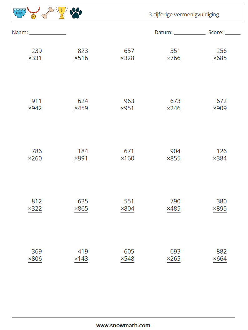 (25) 3-cijferige vermenigvuldiging Wiskundige werkbladen 6