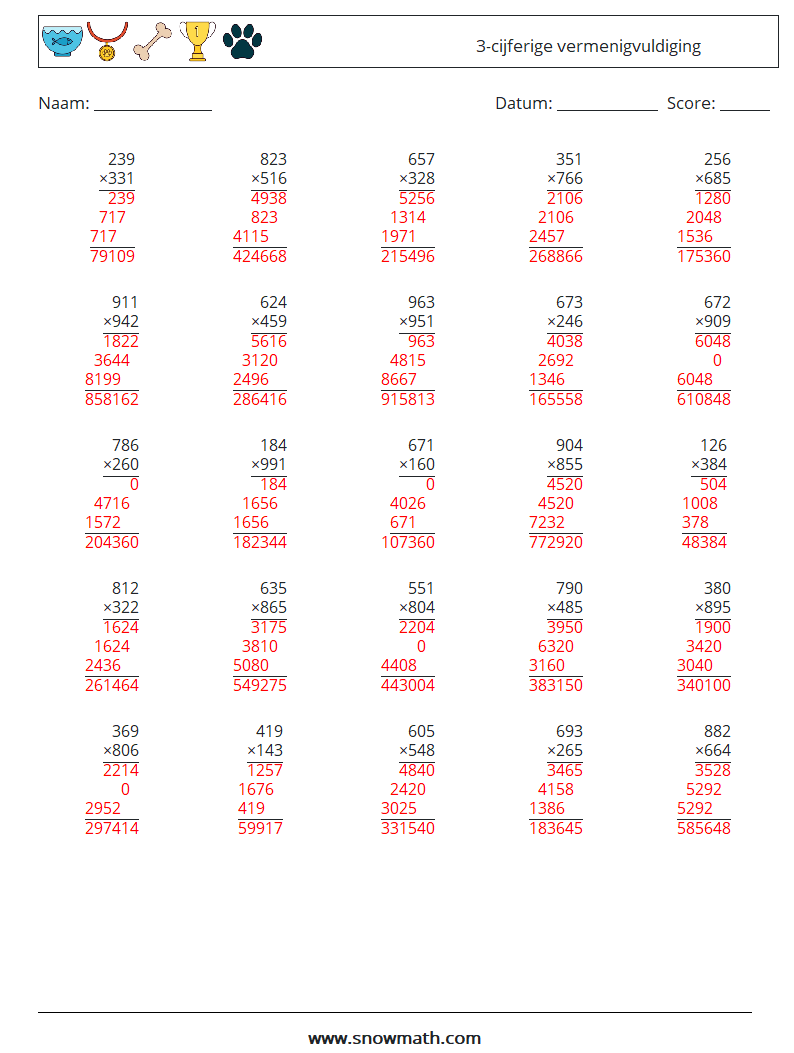 (25) 3-cijferige vermenigvuldiging Wiskundige werkbladen 6 Vraag, Antwoord