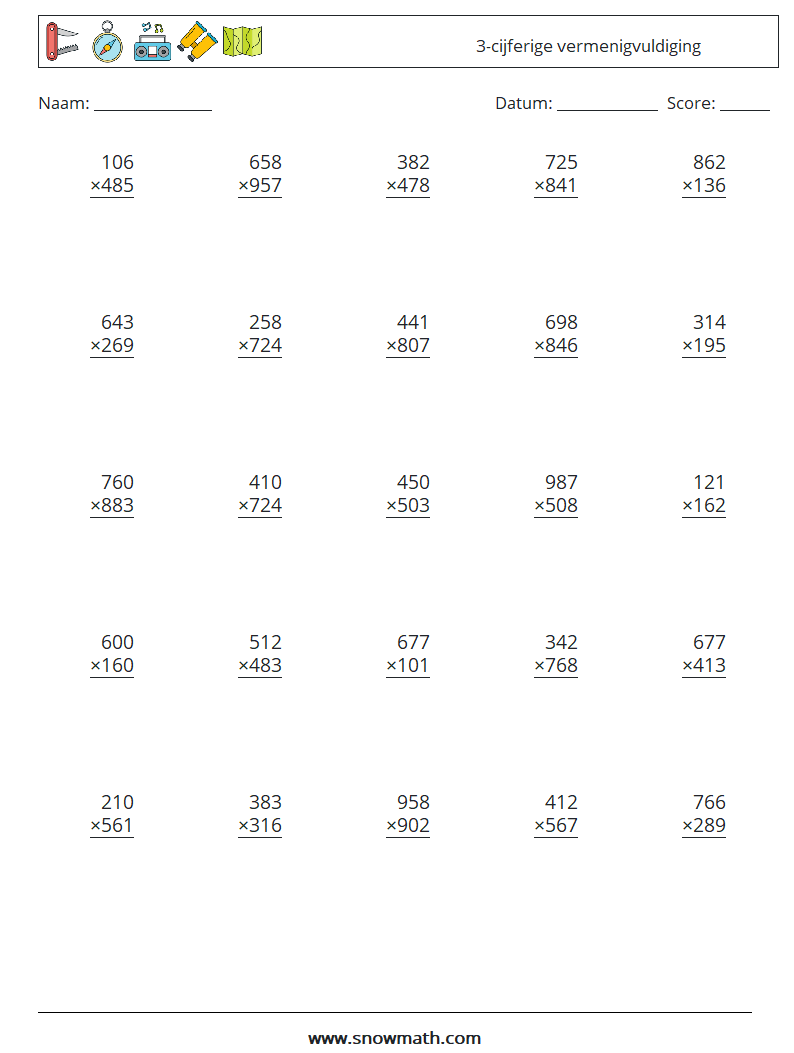 (25) 3-cijferige vermenigvuldiging Wiskundige werkbladen 7