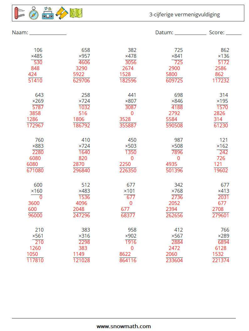 (25) 3-cijferige vermenigvuldiging Wiskundige werkbladen 7 Vraag, Antwoord