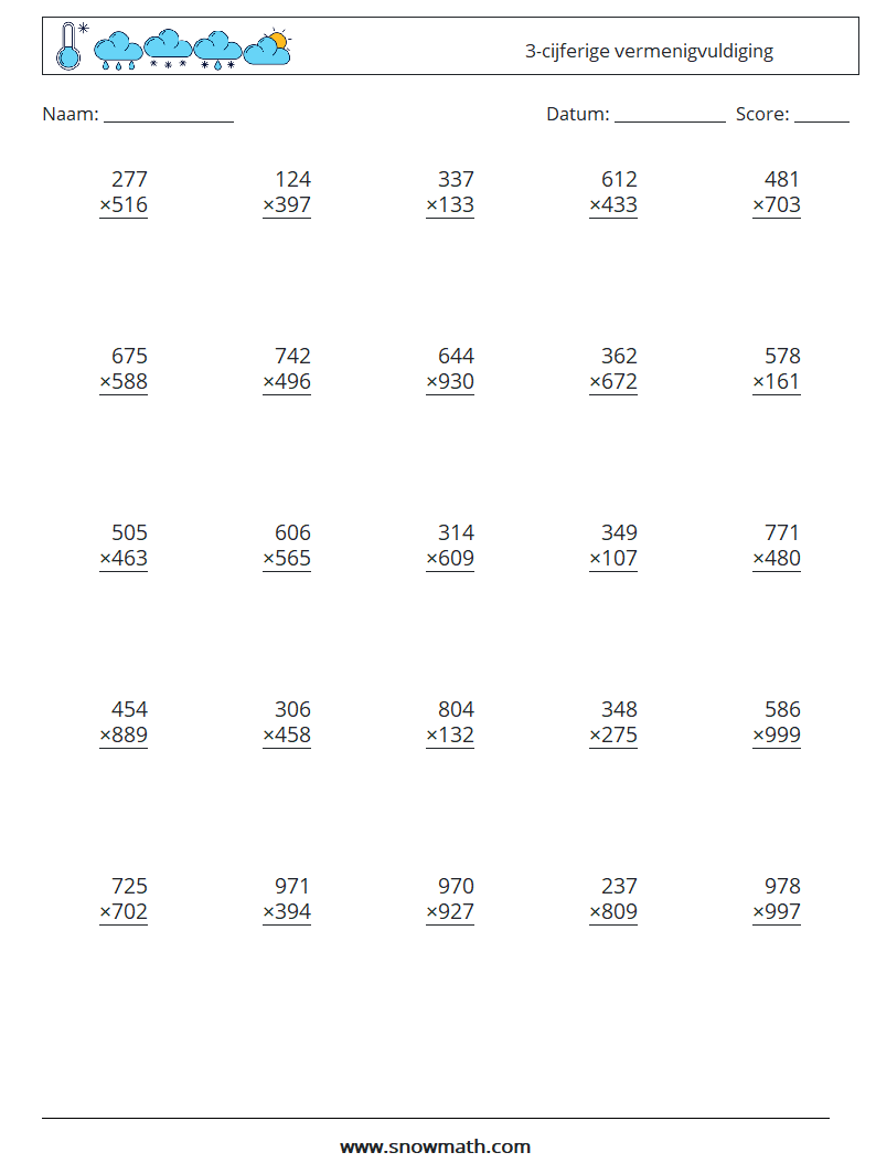 (25) 3-cijferige vermenigvuldiging Wiskundige werkbladen 8