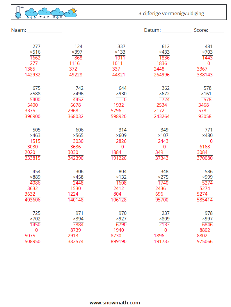 (25) 3-cijferige vermenigvuldiging Wiskundige werkbladen 8 Vraag, Antwoord