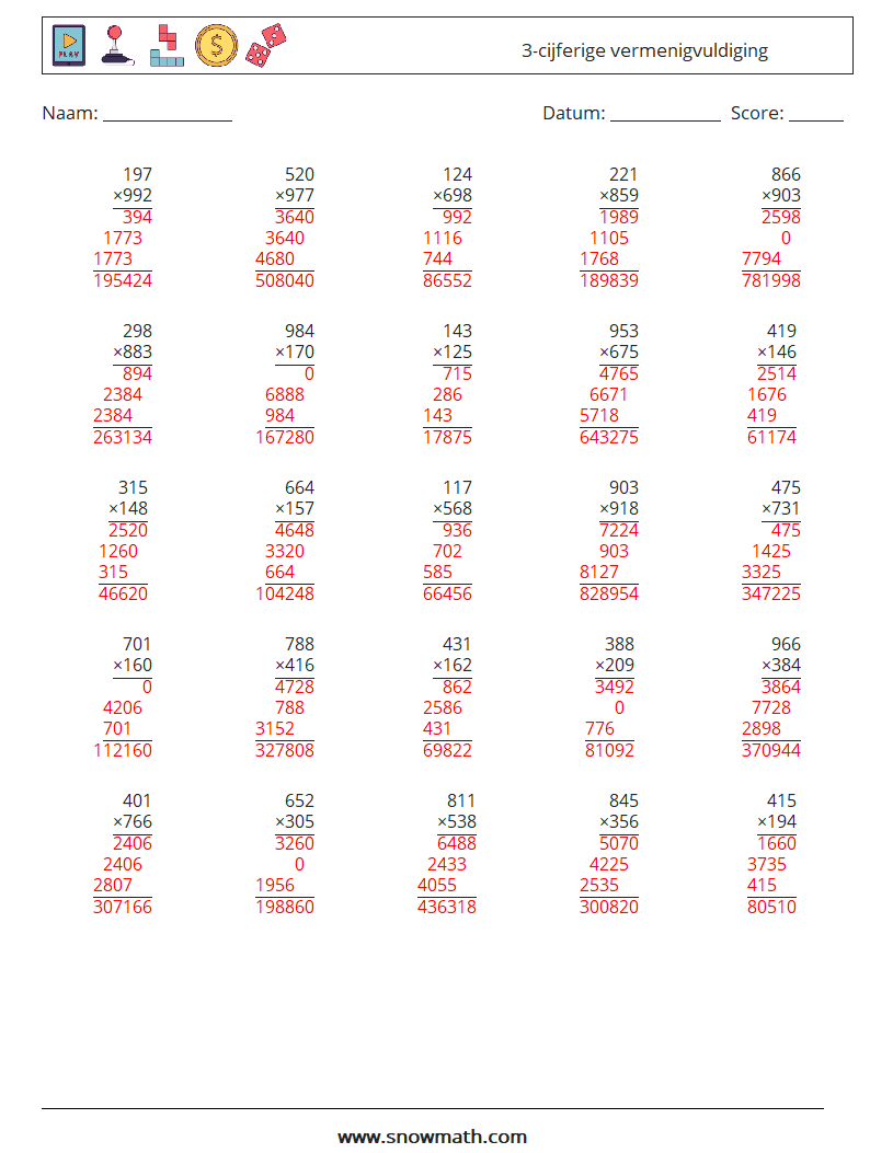 (25) 3-cijferige vermenigvuldiging Wiskundige werkbladen 9 Vraag, Antwoord