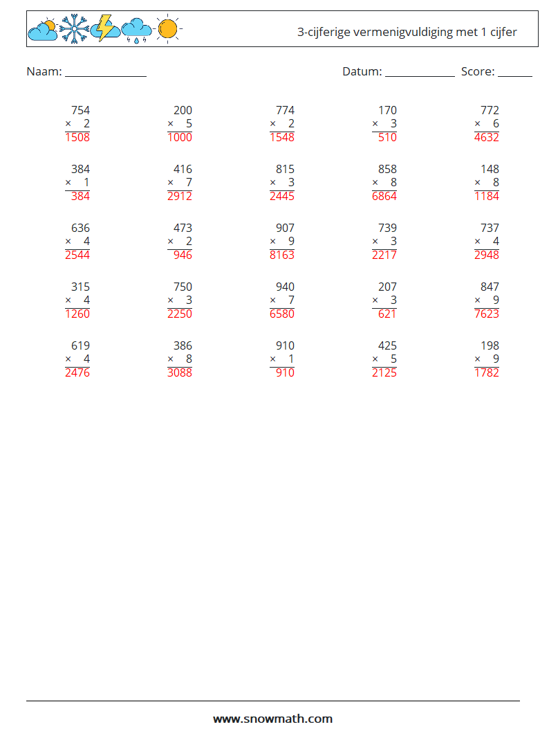 (25) 3-cijferige vermenigvuldiging met 1 cijfer Wiskundige werkbladen 10 Vraag, Antwoord