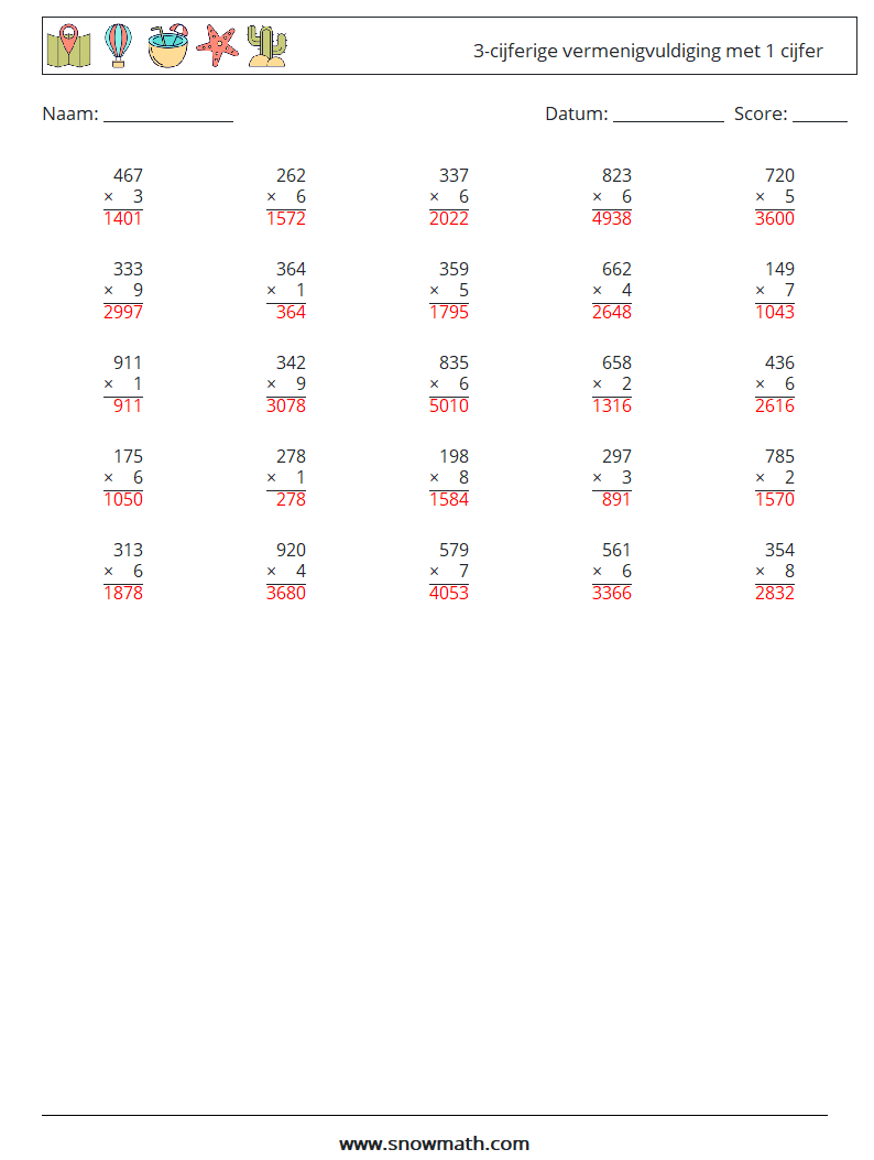 (25) 3-cijferige vermenigvuldiging met 1 cijfer Wiskundige werkbladen 1 Vraag, Antwoord