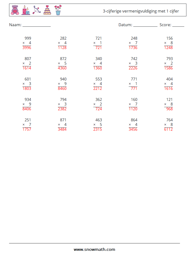 (25) 3-cijferige vermenigvuldiging met 1 cijfer Wiskundige werkbladen 3 Vraag, Antwoord