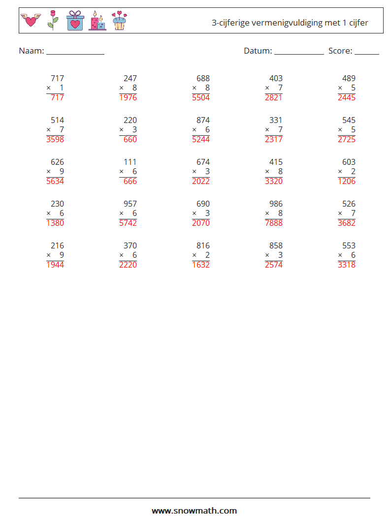 (25) 3-cijferige vermenigvuldiging met 1 cijfer Wiskundige werkbladen 4 Vraag, Antwoord