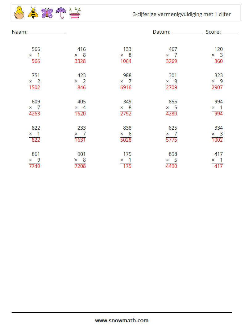 (25) 3-cijferige vermenigvuldiging met 1 cijfer Wiskundige werkbladen 5 Vraag, Antwoord