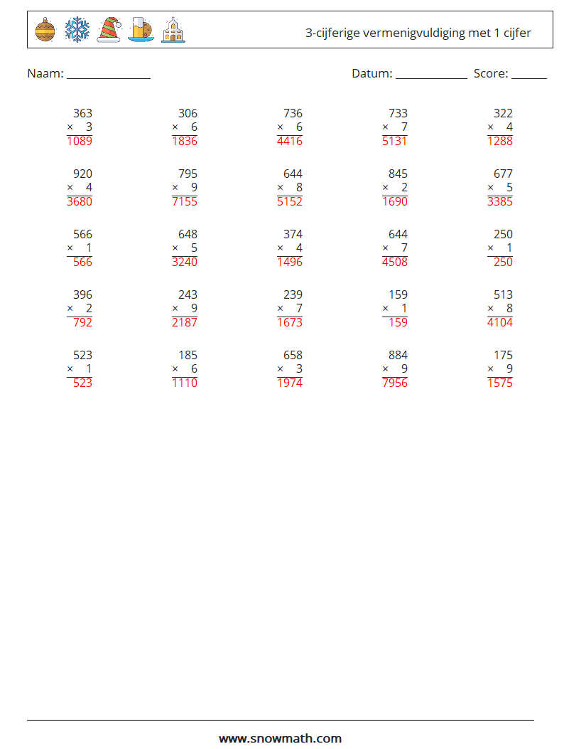 (25) 3-cijferige vermenigvuldiging met 1 cijfer Wiskundige werkbladen 6 Vraag, Antwoord