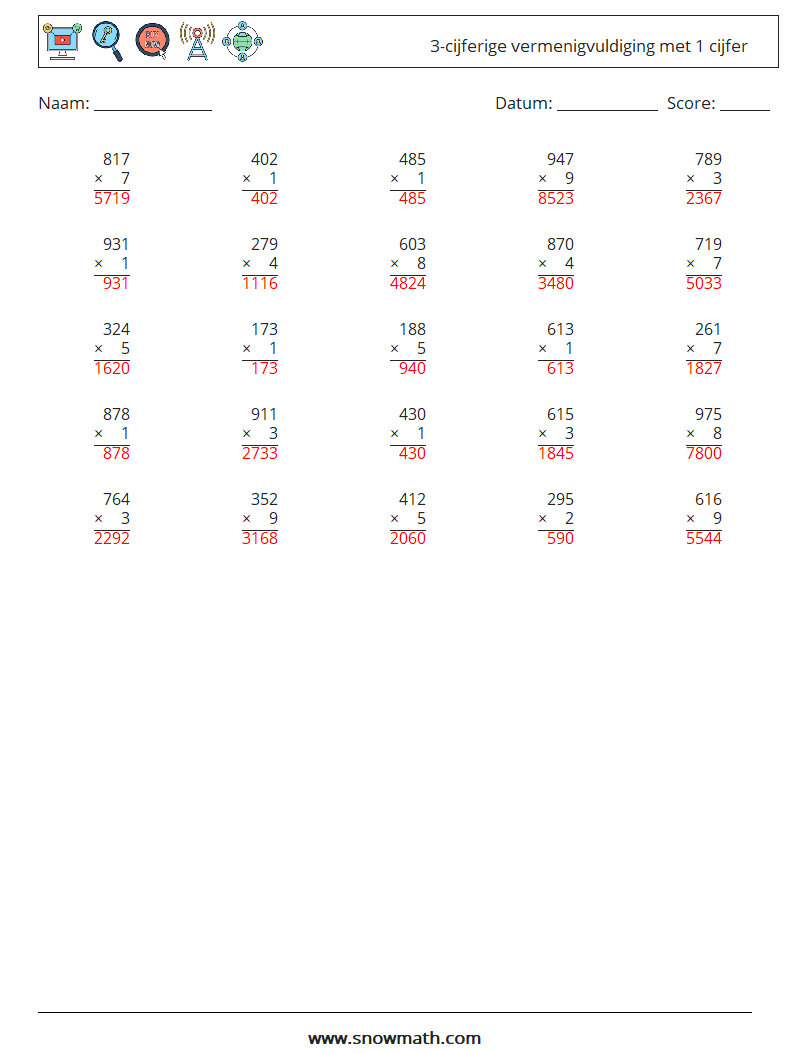 (25) 3-cijferige vermenigvuldiging met 1 cijfer Wiskundige werkbladen 8 Vraag, Antwoord