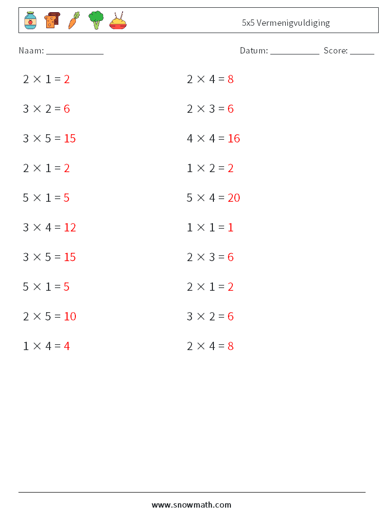 (20) 5x5 Vermenigvuldiging Wiskundige werkbladen 2 Vraag, Antwoord