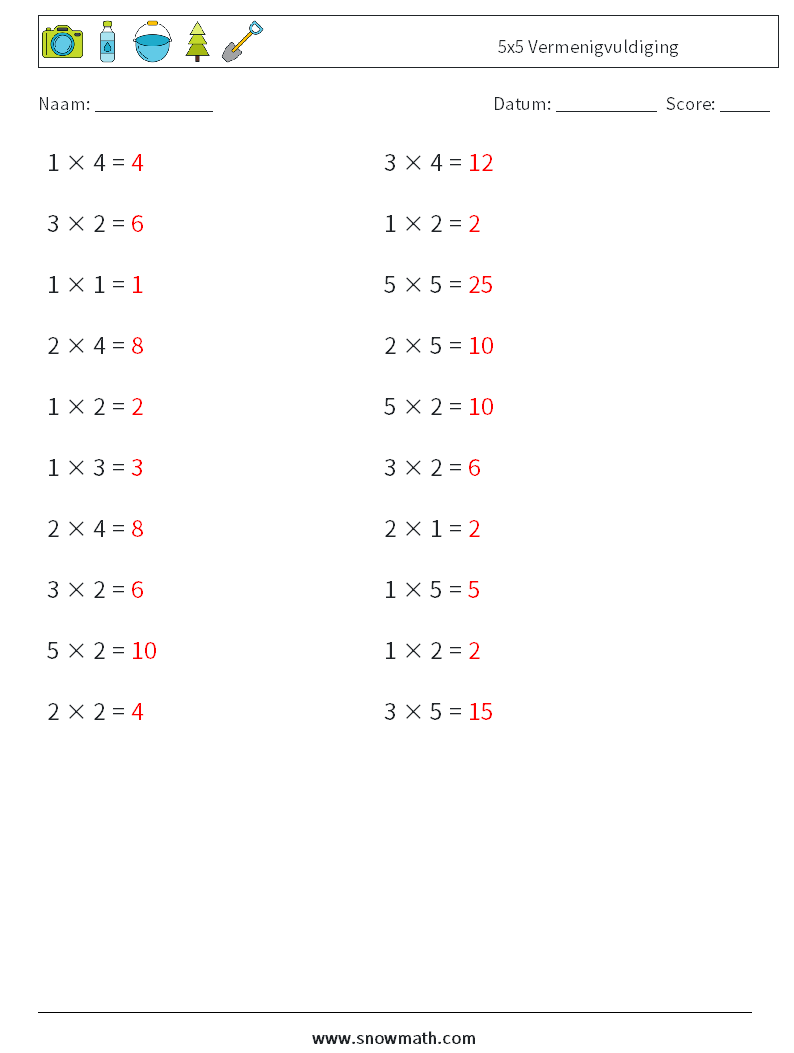(20) 5x5 Vermenigvuldiging Wiskundige werkbladen 3 Vraag, Antwoord