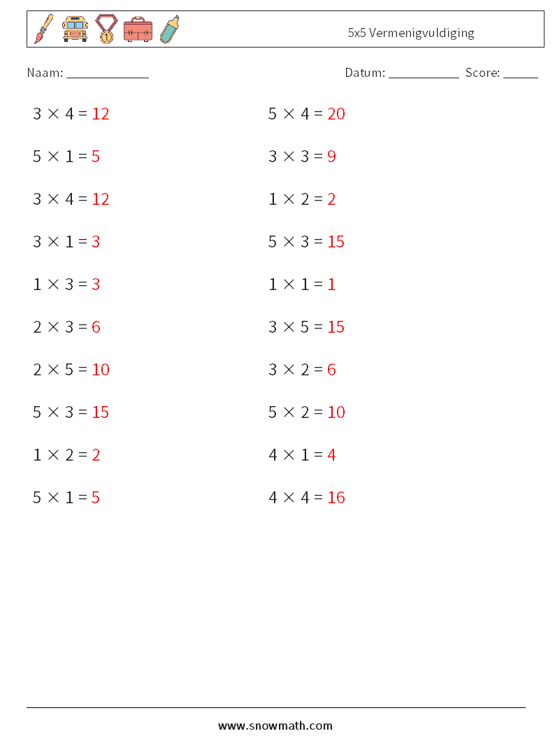 (20) 5x5 Vermenigvuldiging Wiskundige werkbladen 4 Vraag, Antwoord