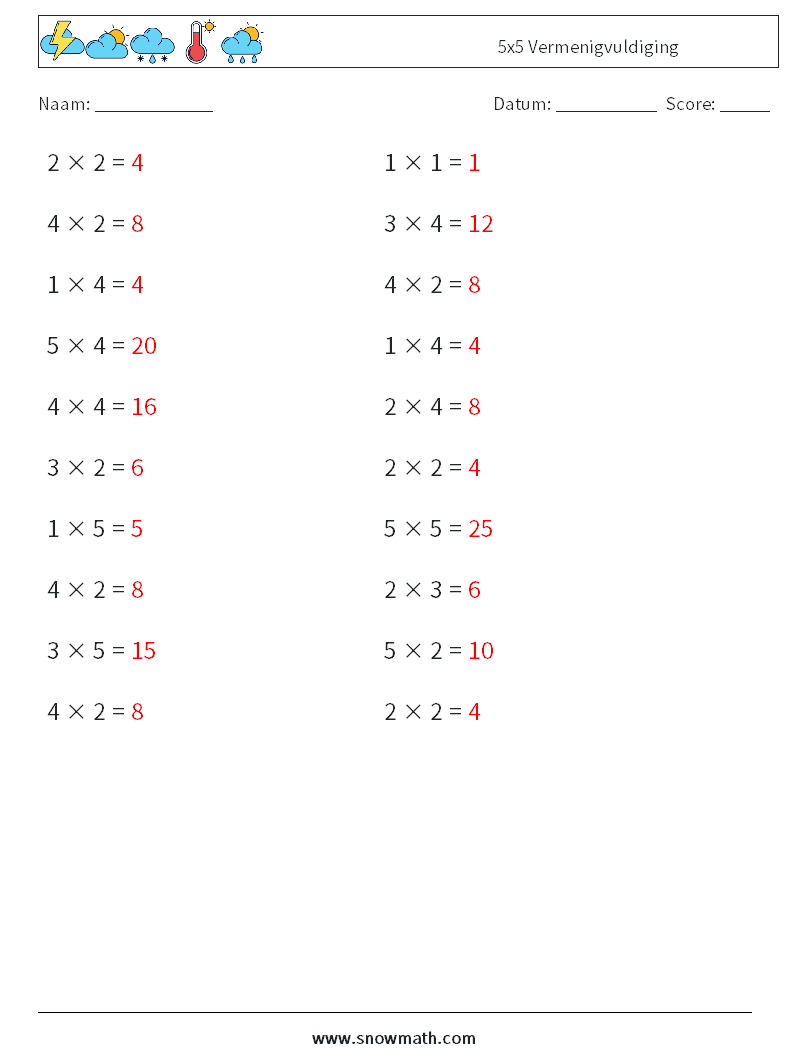 (20) 5x5 Vermenigvuldiging Wiskundige werkbladen 6 Vraag, Antwoord