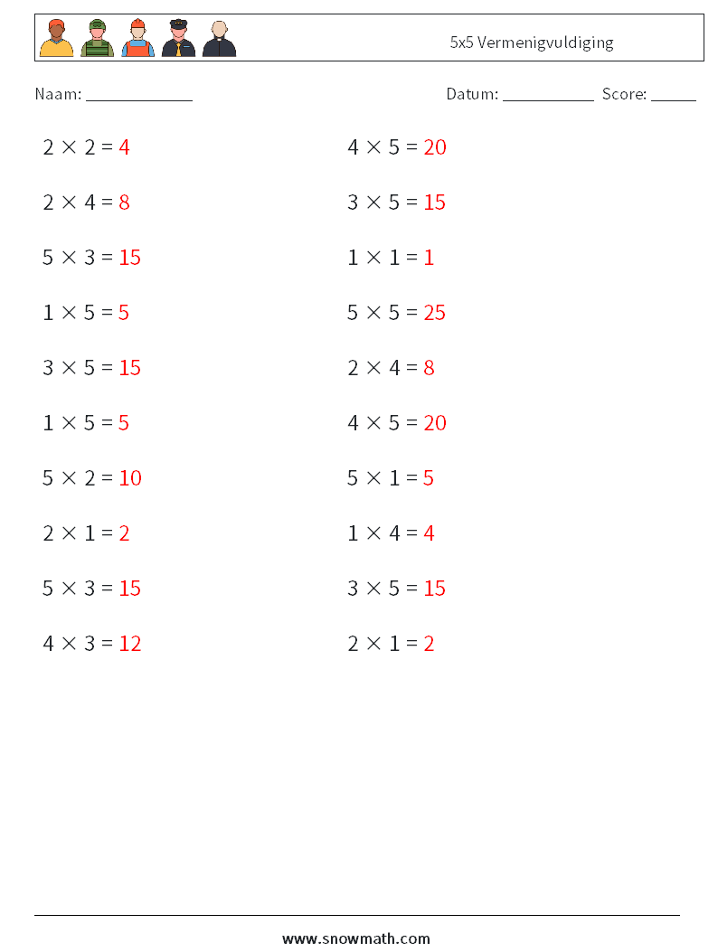 (20) 5x5 Vermenigvuldiging Wiskundige werkbladen 7 Vraag, Antwoord