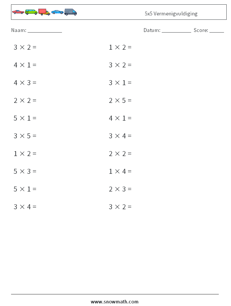 (20) 5x5 Vermenigvuldiging Wiskundige werkbladen 8