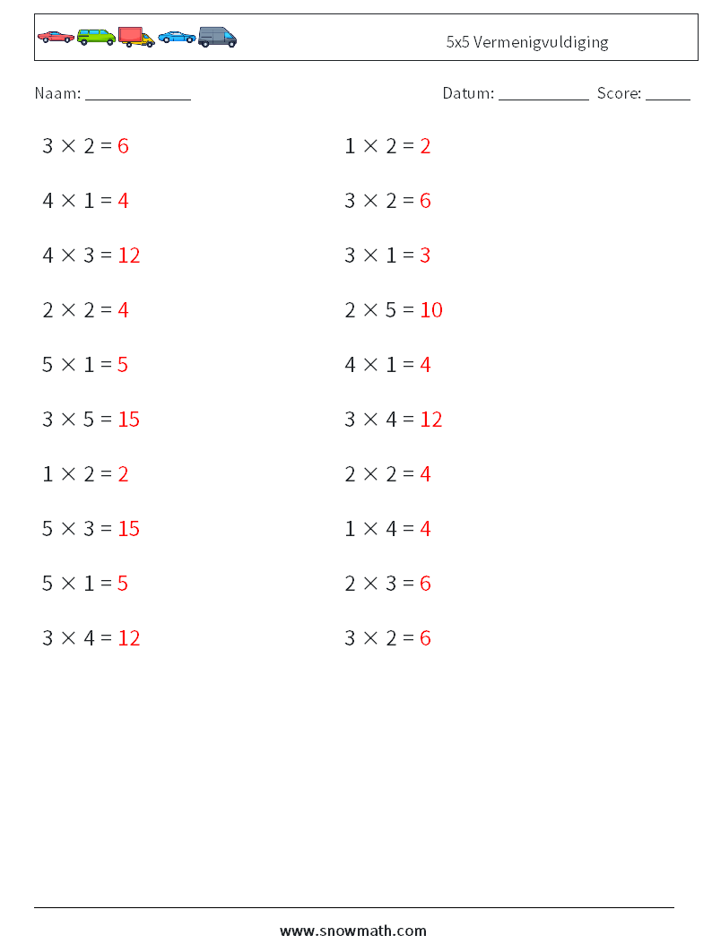 (20) 5x5 Vermenigvuldiging Wiskundige werkbladen 8 Vraag, Antwoord