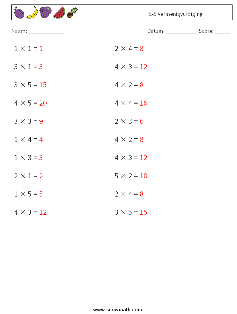(20) 5x5 Vermenigvuldiging Wiskundige werkbladen 9 Vraag, Antwoord