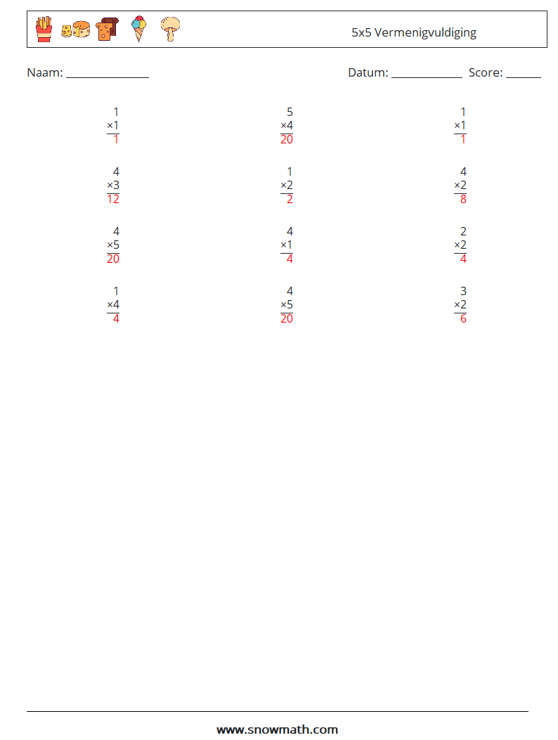 (12) 5x5 Vermenigvuldiging Wiskundige werkbladen 1 Vraag, Antwoord