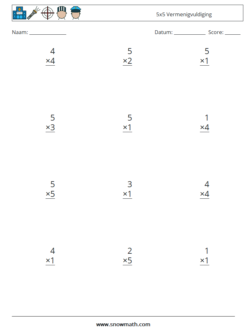 (12) 5x5 Vermenigvuldiging Wiskundige werkbladen 2