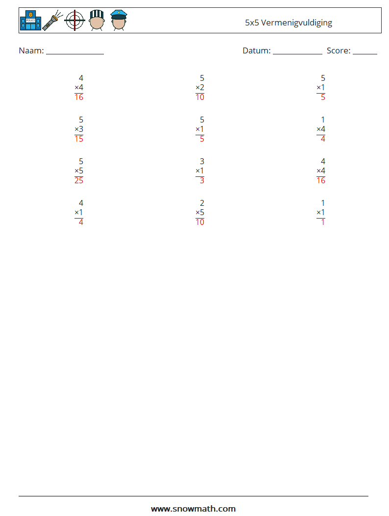 (12) 5x5 Vermenigvuldiging Wiskundige werkbladen 2 Vraag, Antwoord