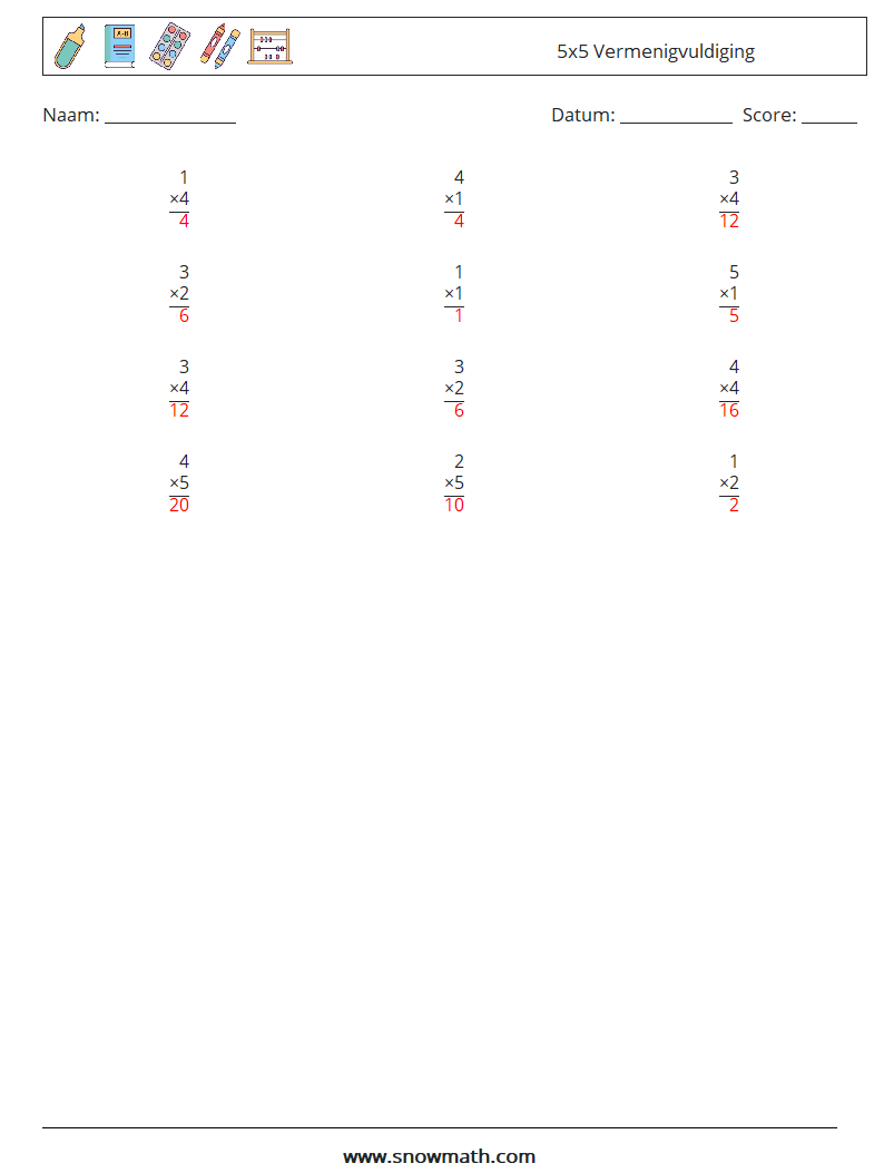 (12) 5x5 Vermenigvuldiging Wiskundige werkbladen 3 Vraag, Antwoord