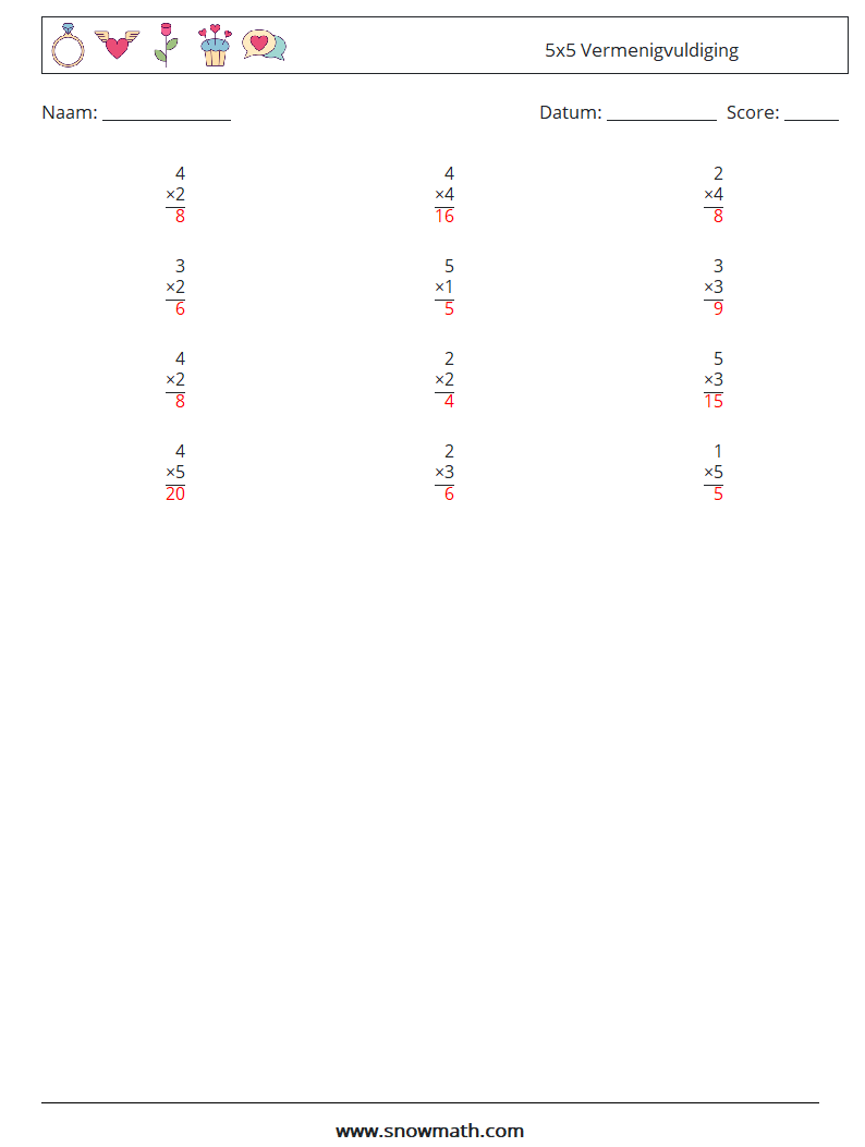 (12) 5x5 Vermenigvuldiging Wiskundige werkbladen 4 Vraag, Antwoord
