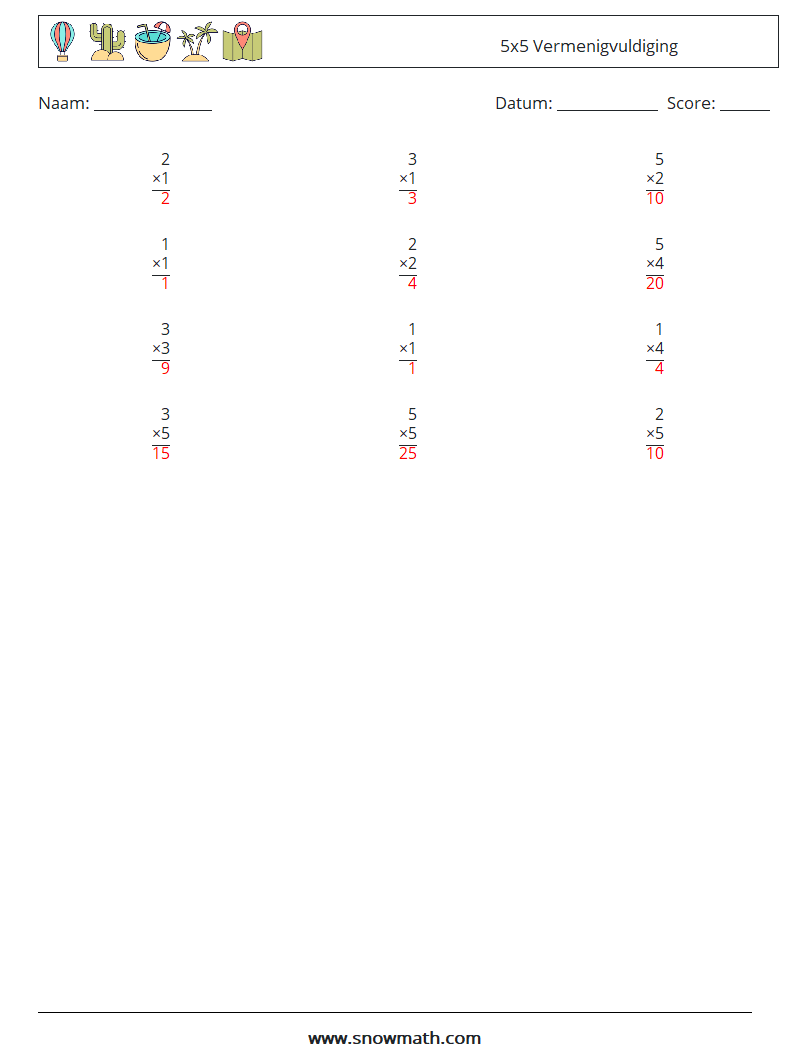 (12) 5x5 Vermenigvuldiging Wiskundige werkbladen 5 Vraag, Antwoord