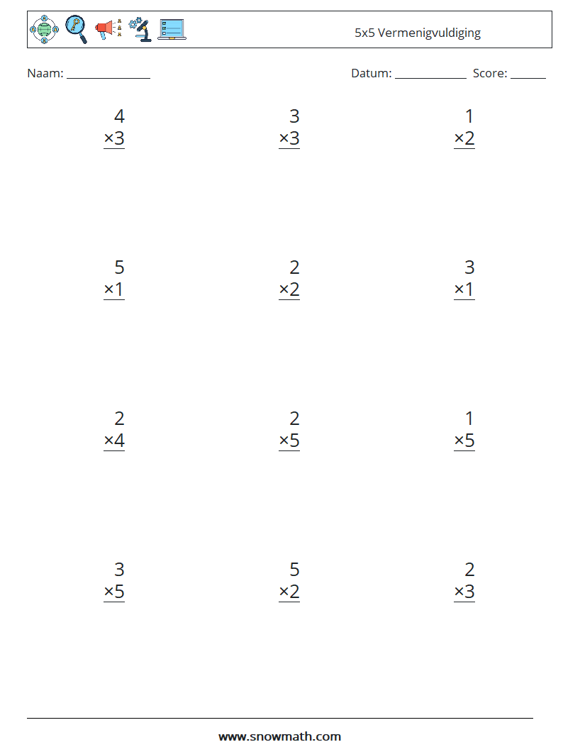 (12) 5x5 Vermenigvuldiging Wiskundige werkbladen 6