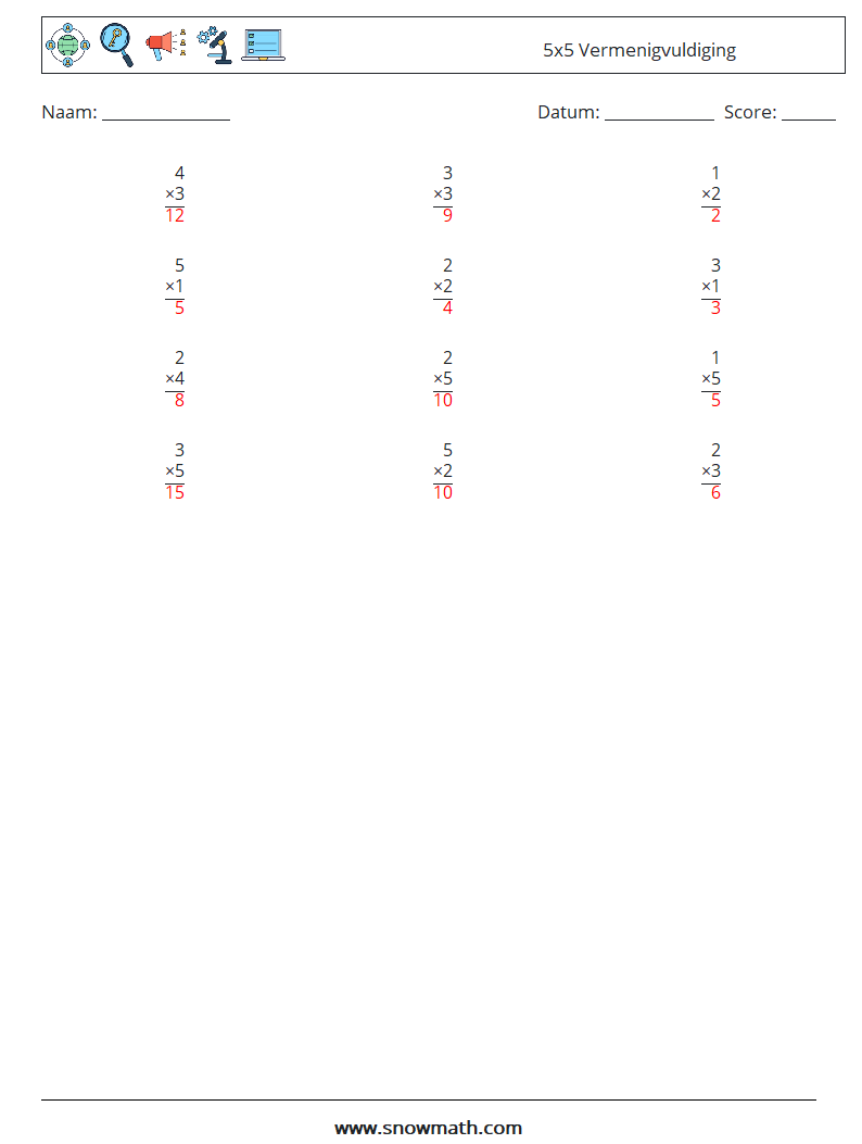 (12) 5x5 Vermenigvuldiging Wiskundige werkbladen 6 Vraag, Antwoord