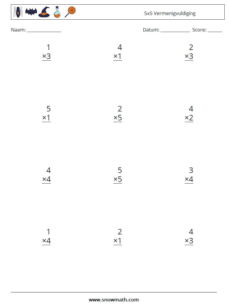 (12) 5x5 Vermenigvuldiging Wiskundige werkbladen 7