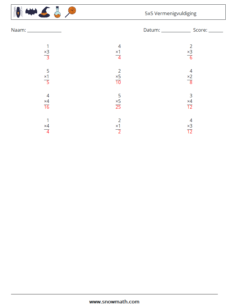 (12) 5x5 Vermenigvuldiging Wiskundige werkbladen 7 Vraag, Antwoord