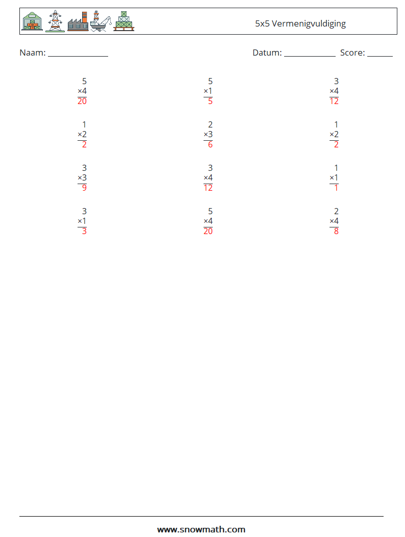 (12) 5x5 Vermenigvuldiging Wiskundige werkbladen 8 Vraag, Antwoord