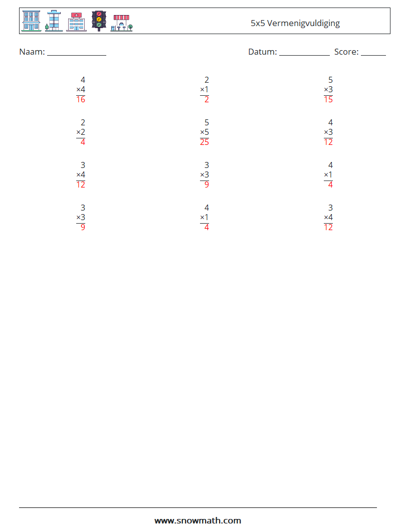 (12) 5x5 Vermenigvuldiging Wiskundige werkbladen 9 Vraag, Antwoord