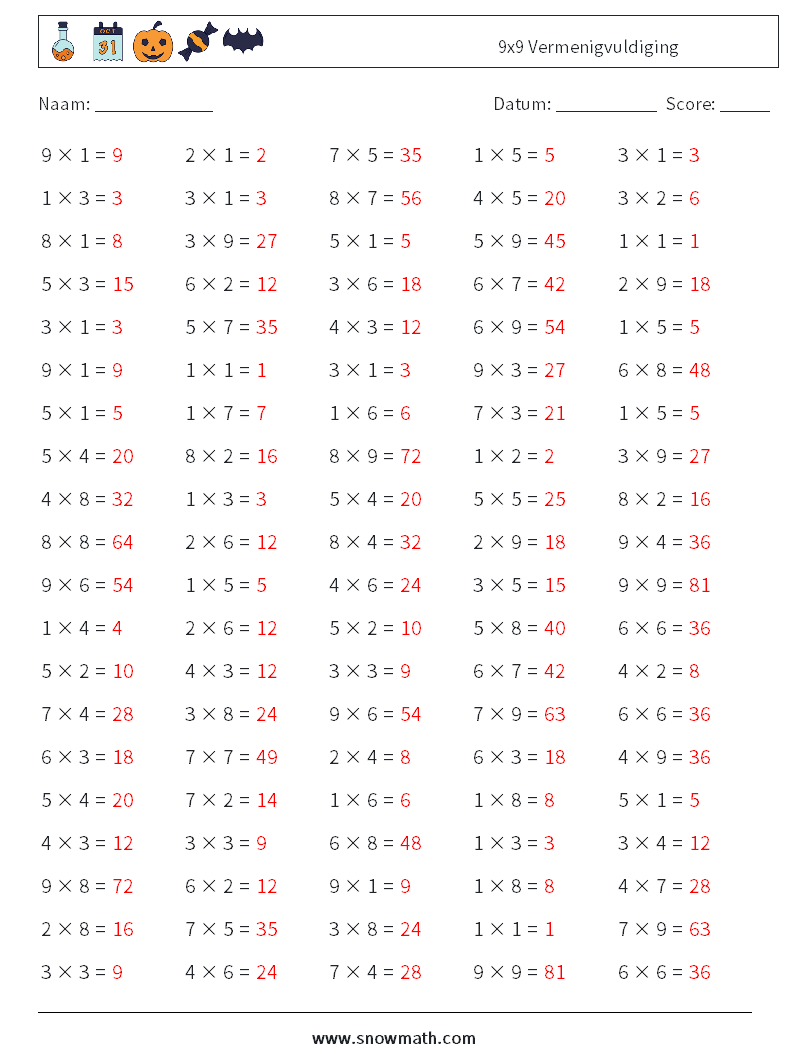 (100) 9x9 Vermenigvuldiging Wiskundige werkbladen 1 Vraag, Antwoord