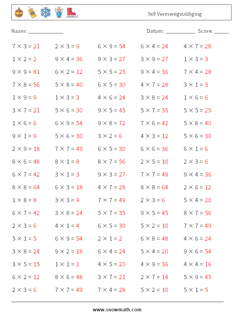 (100) 9x9 Vermenigvuldiging Wiskundige werkbladen 2 Vraag, Antwoord