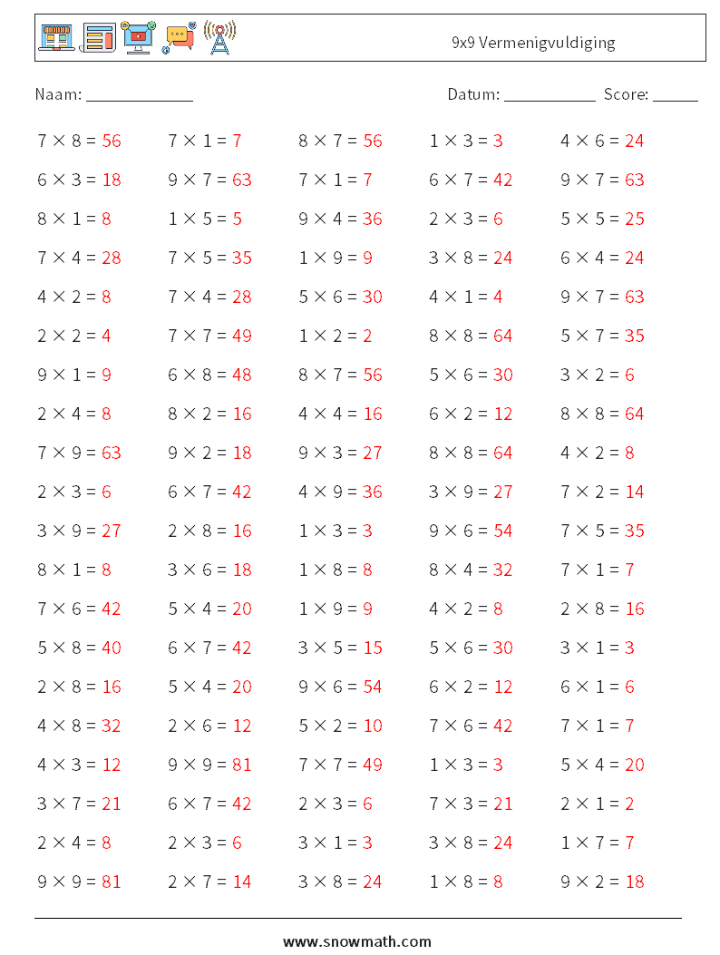 (100) 9x9 Vermenigvuldiging Wiskundige werkbladen 4 Vraag, Antwoord