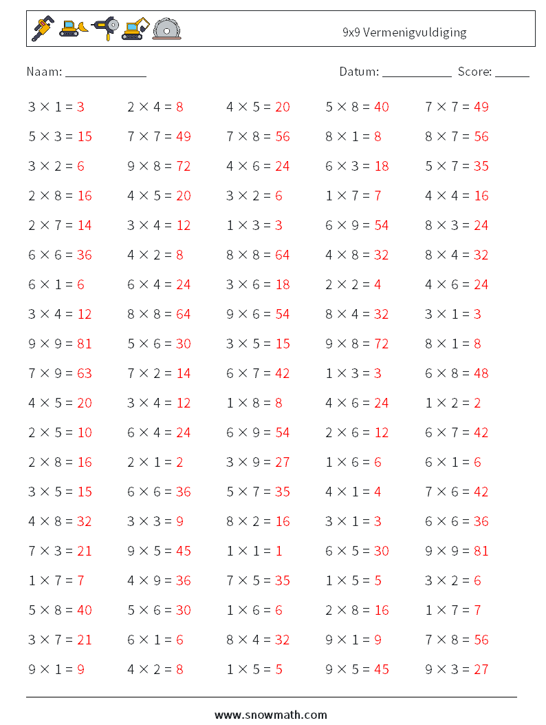 (100) 9x9 Vermenigvuldiging Wiskundige werkbladen 5 Vraag, Antwoord