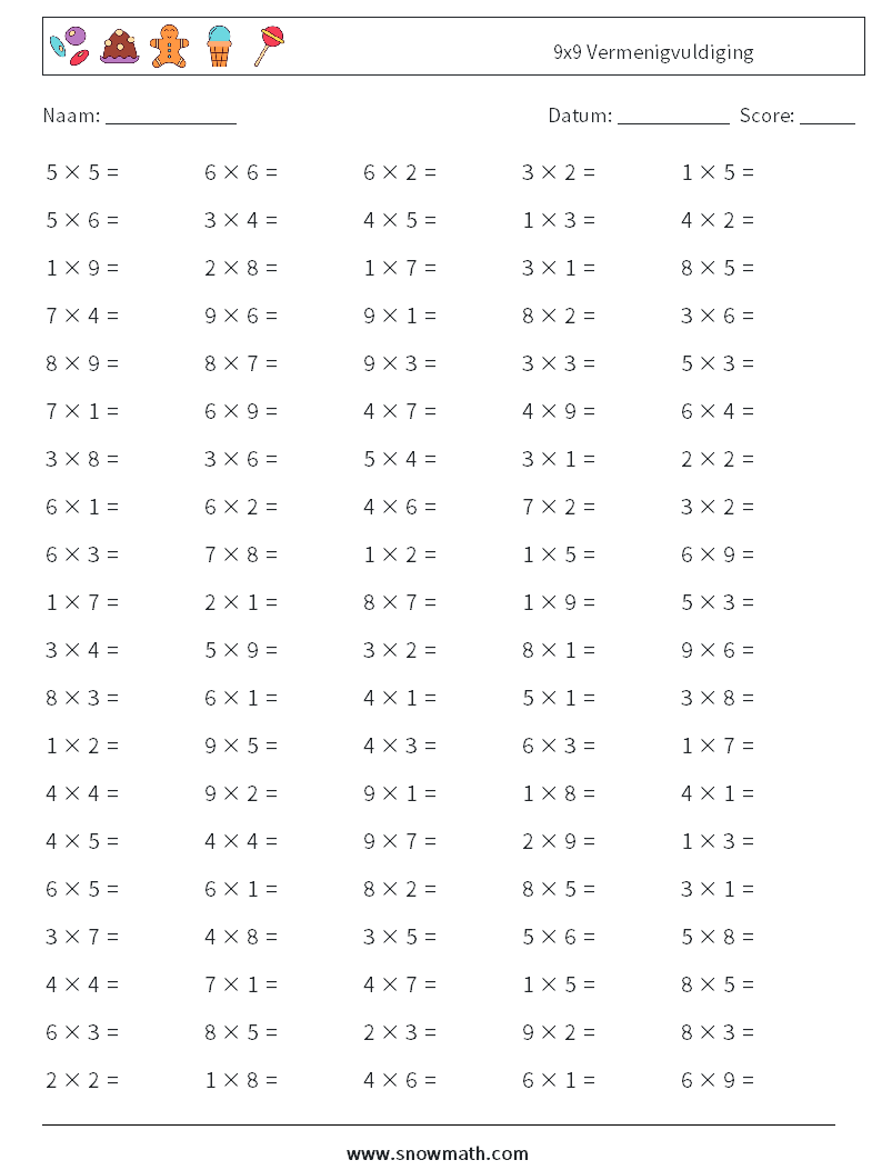 (100) 9x9 Vermenigvuldiging Wiskundige werkbladen 6