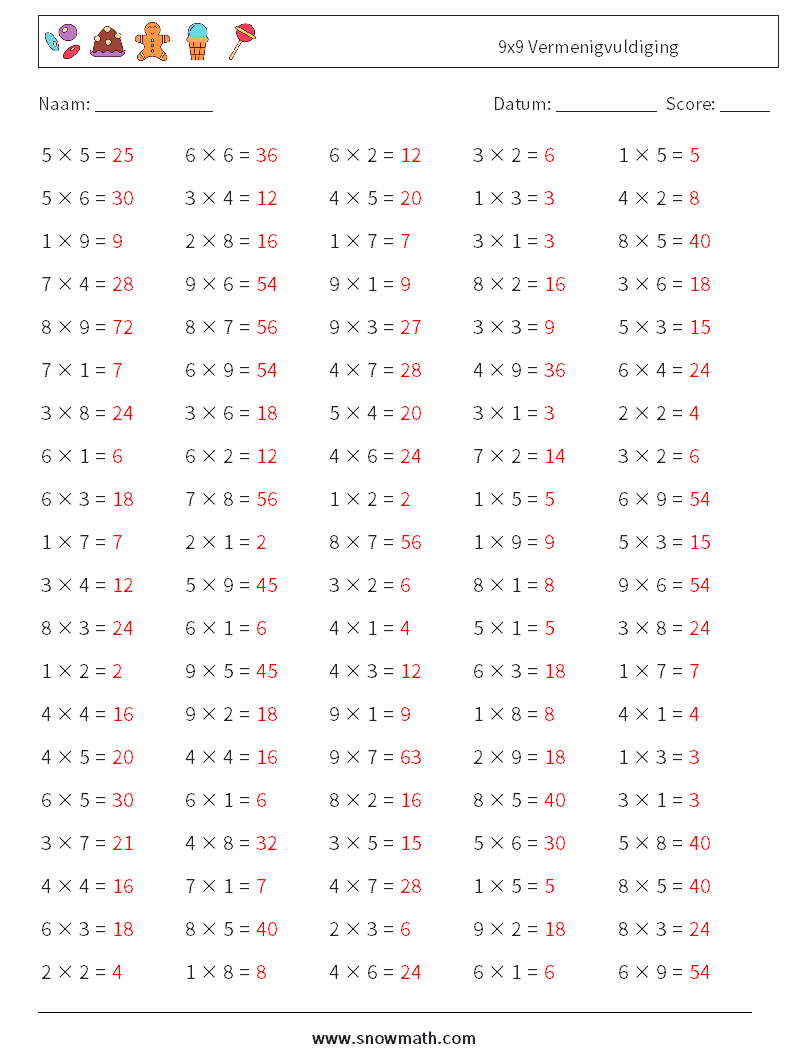 (100) 9x9 Vermenigvuldiging Wiskundige werkbladen 6 Vraag, Antwoord