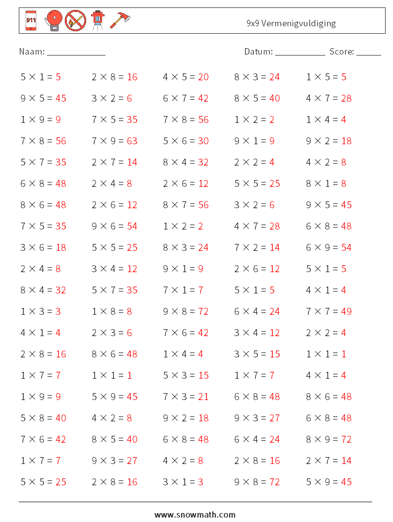 (100) 9x9 Vermenigvuldiging Wiskundige werkbladen 8 Vraag, Antwoord