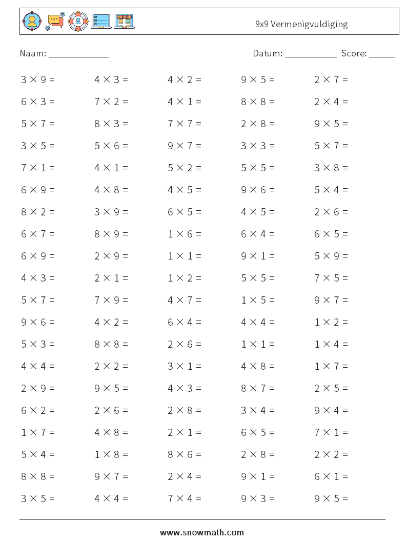 (100) 9x9 Vermenigvuldiging Wiskundige werkbladen 9
