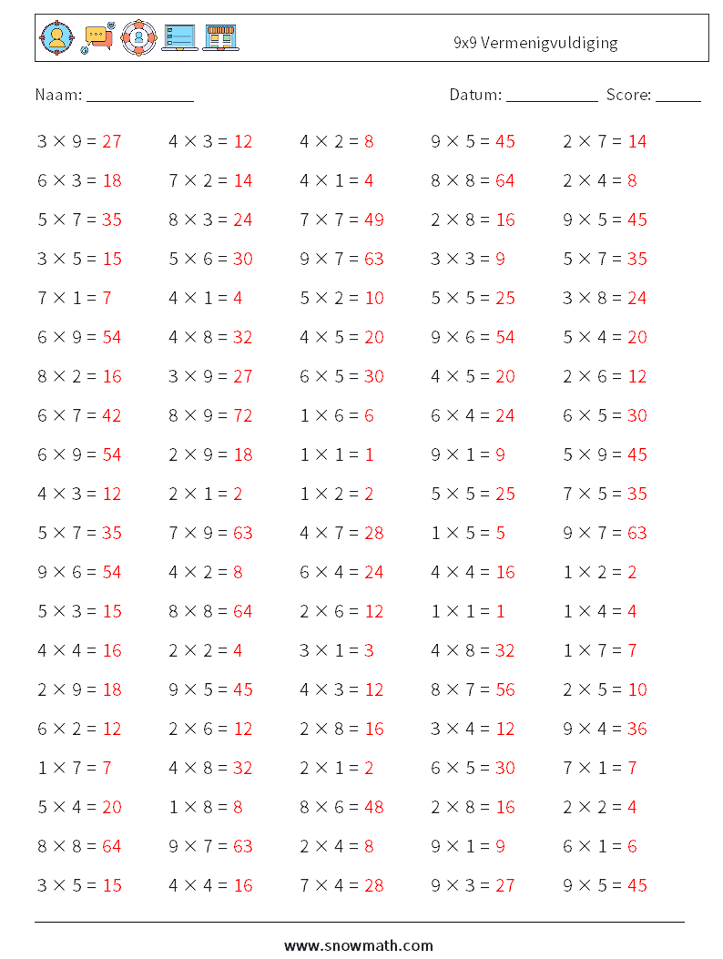 (100) 9x9 Vermenigvuldiging Wiskundige werkbladen 9 Vraag, Antwoord