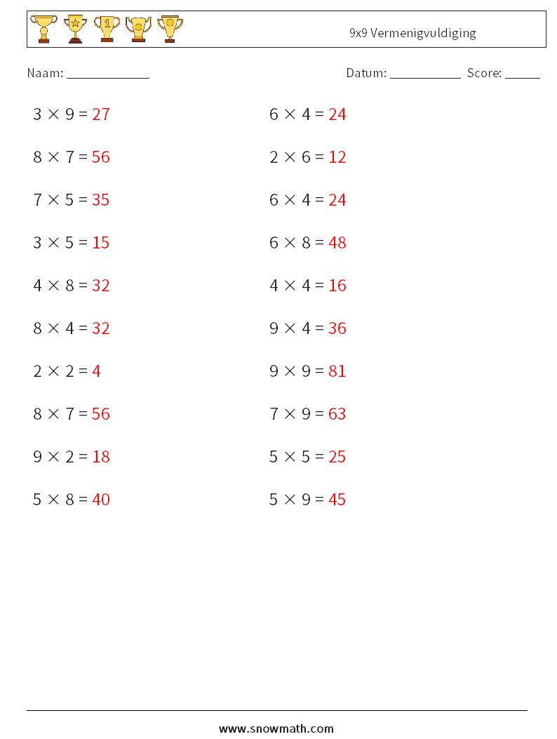 (20) 9x9 Vermenigvuldiging Wiskundige werkbladen 1 Vraag, Antwoord