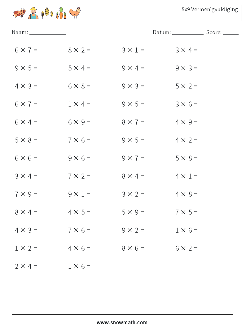 (50) 9x9 Vermenigvuldiging Wiskundige werkbladen 1