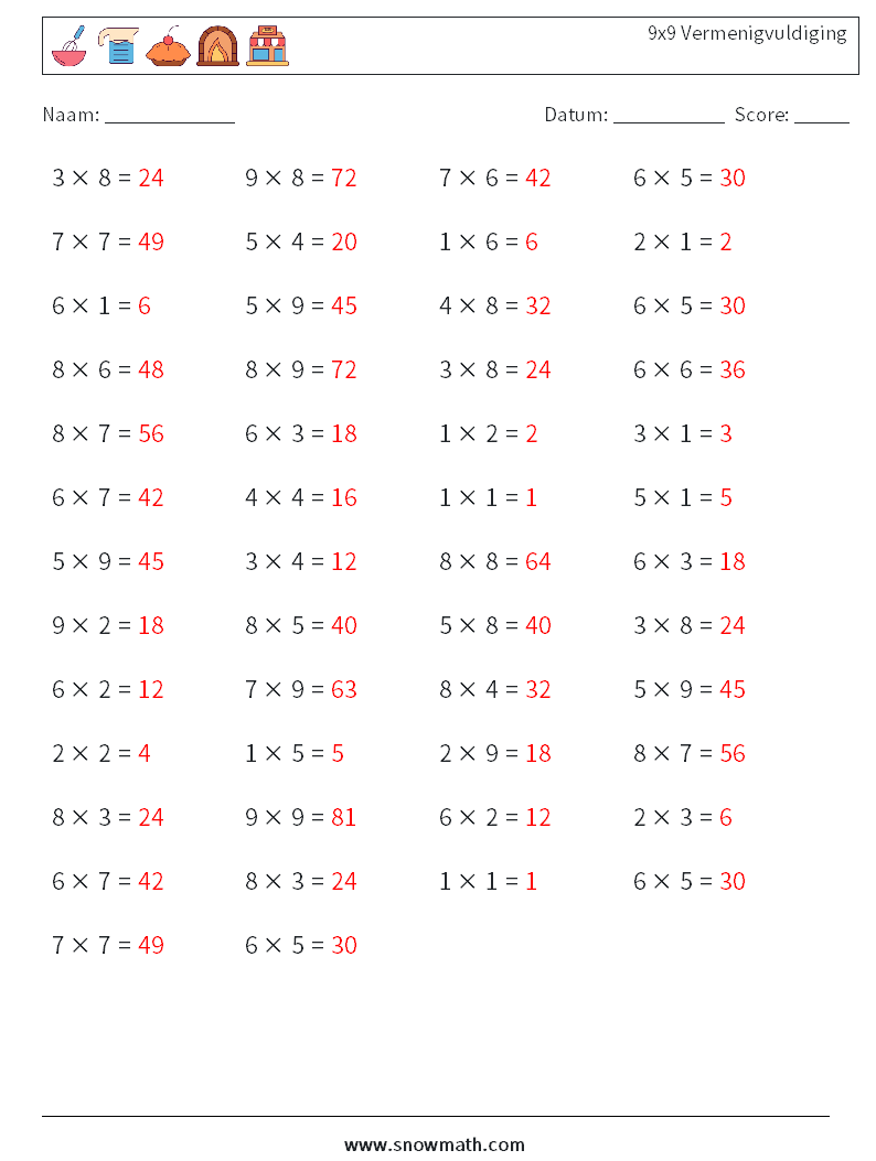 (50) 9x9 Vermenigvuldiging Wiskundige werkbladen 2 Vraag, Antwoord