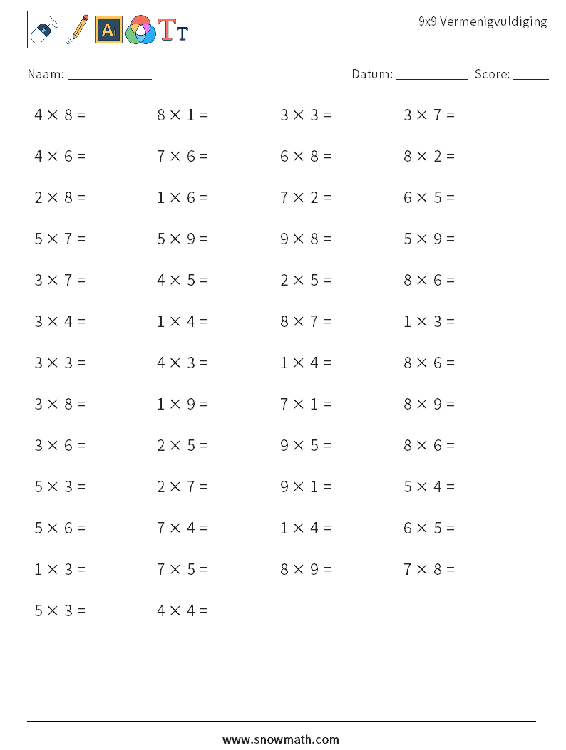 (50) 9x9 Vermenigvuldiging Wiskundige werkbladen 3